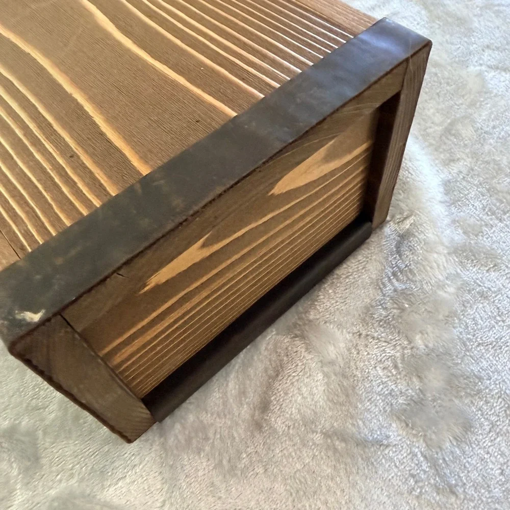 Handmade Wooden Valet Box with Leather Strap and Integrated Rolling Tray Lid
